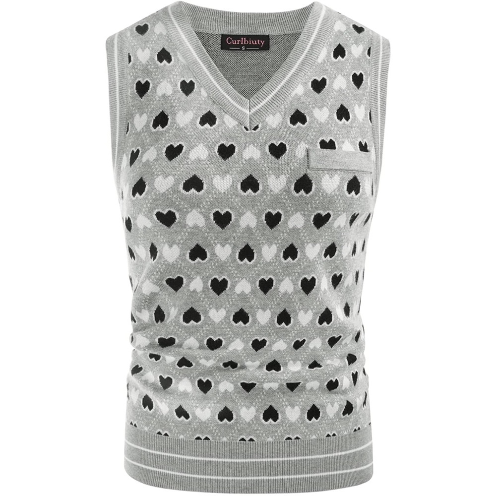 Women's Argyle Sweater Vest Sleeveless V Neck Knit Heart Knitwear Top Grey M